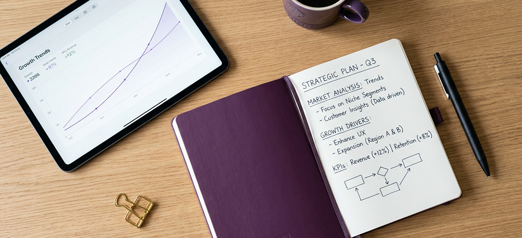 Strategic planning materials representing the intersection of AI and MBA leadership thinking