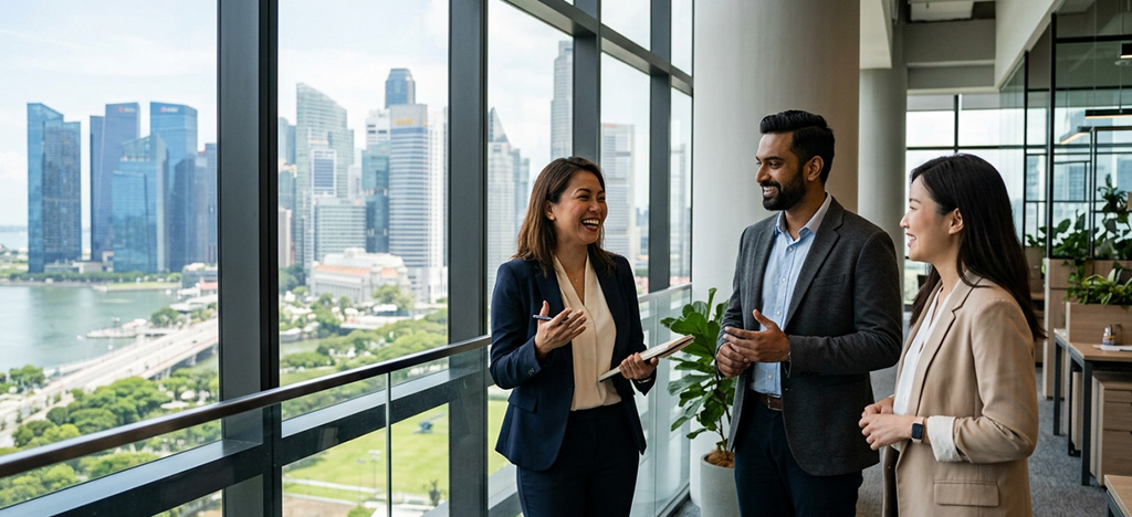 Working professionals in discussion in a modern Singapore CBD high-rise office