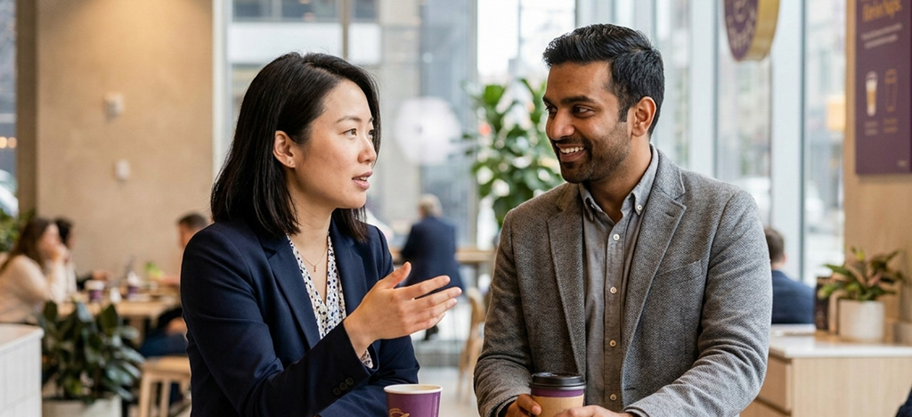 Two professionals in a natural, engaged conversation reflecting empathy and soft skills in the workplace