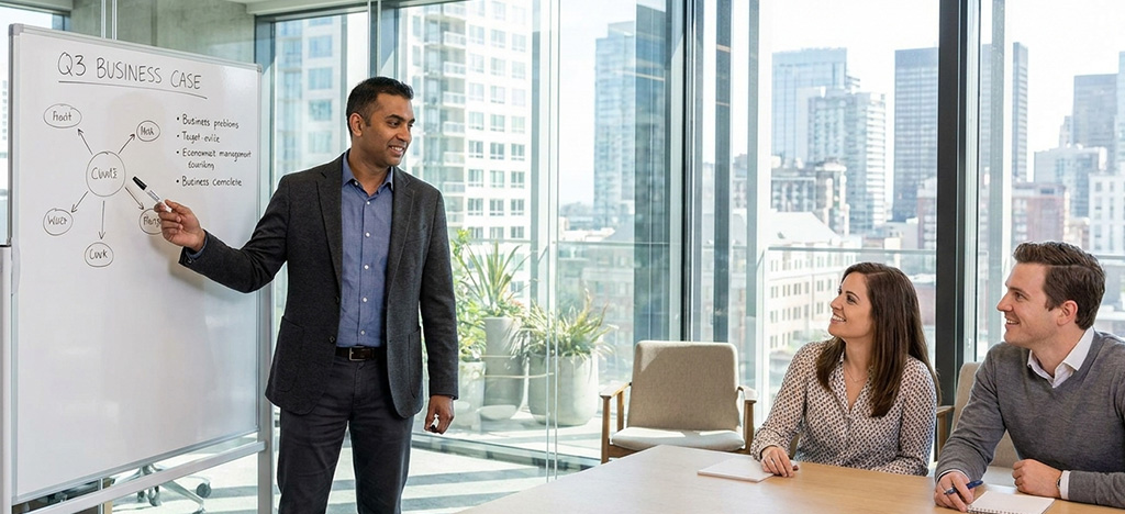 Professional presenting MBA sponsorship business case to colleagues in a modern office