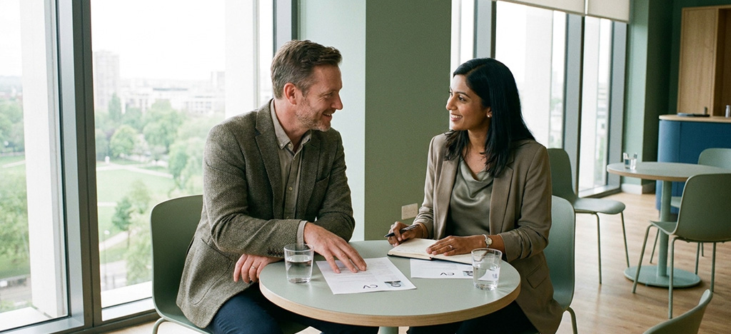 Hiring manager reviewing MBA credentials with a candidate in a Singapore office