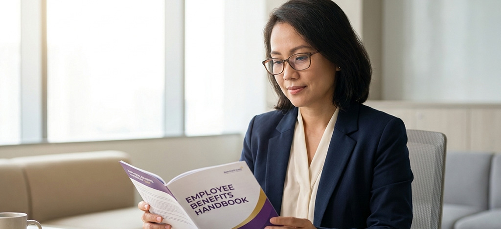 Professional reviewing company HR benefits and tuition assistance policy at her desk