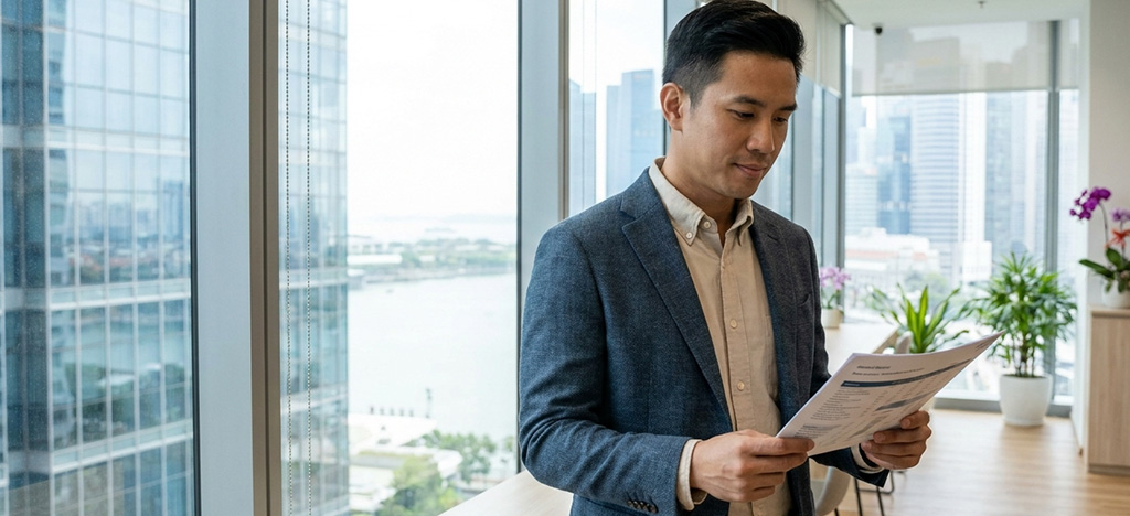 Professional reviewing MBA accreditation credentials in a modern Singapore CBD office