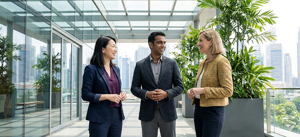 Confident diverse professionals representing triple accredited MBA career outcomes in Singapore