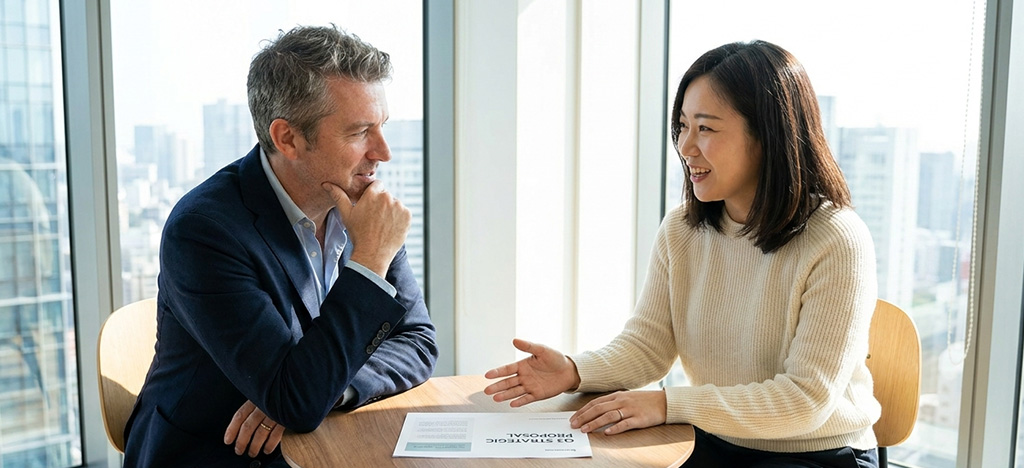 Professional having a focused MBA sponsorship conversation with her manager in a Singapore offic