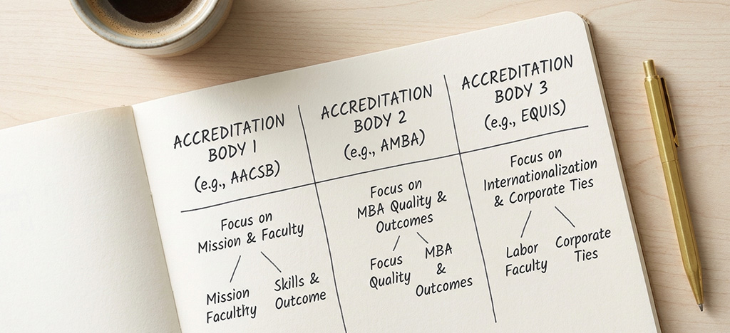 Notebook with handwritten notes explaining the three MBA accreditation bodies AMBA AACSB EQUIS