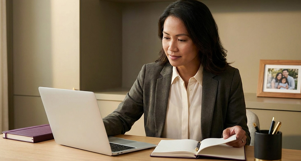 Professional woman balancing work family and MBA study at a desk in Singapore