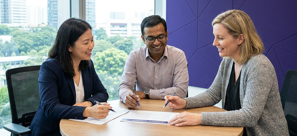 Diverse professionals in a Manchester Global MBA blended learning workshop in Singapore