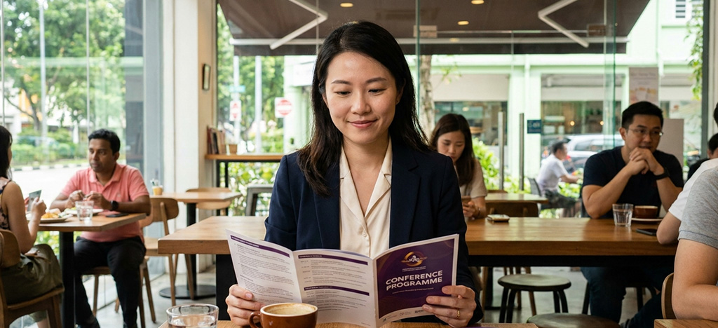 Professional thoughtfully reviewing Manchester Global MBA programme details at a Singapore cafe
