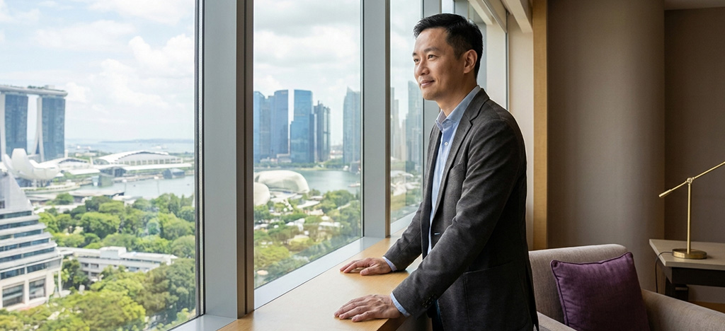 Professional looking thoughtfully over Singapore CBD representing the MBA career decision
