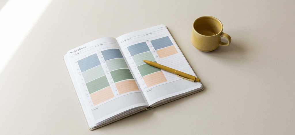 Weekly planner representing the time commitment of a part-time MBA alongside work and family