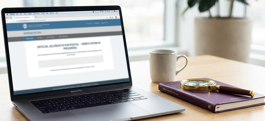 Laptop and magnifying glass representing the process of verifying MBA accreditation credentials
