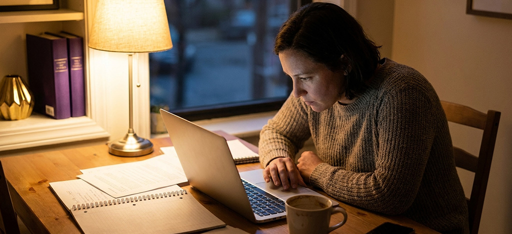 Working professional studying online in the evening as part of a blended MBA programme