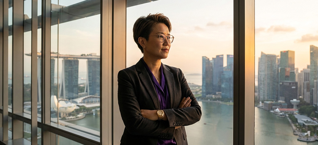Confident Singapore professional looking toward the skyline after choosing the right MBA path