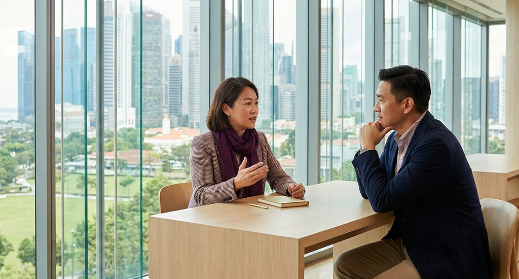 Two Singapore professionals discussing career paths, representing the choice between a part-time MBA and an executive MBA