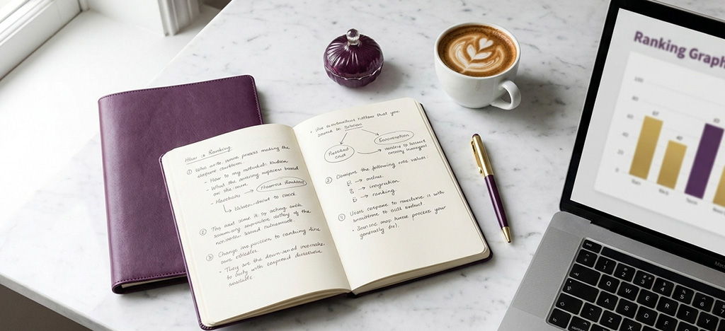 Flat lay of research notes and rankings data for comparing Singapore MBA programmes