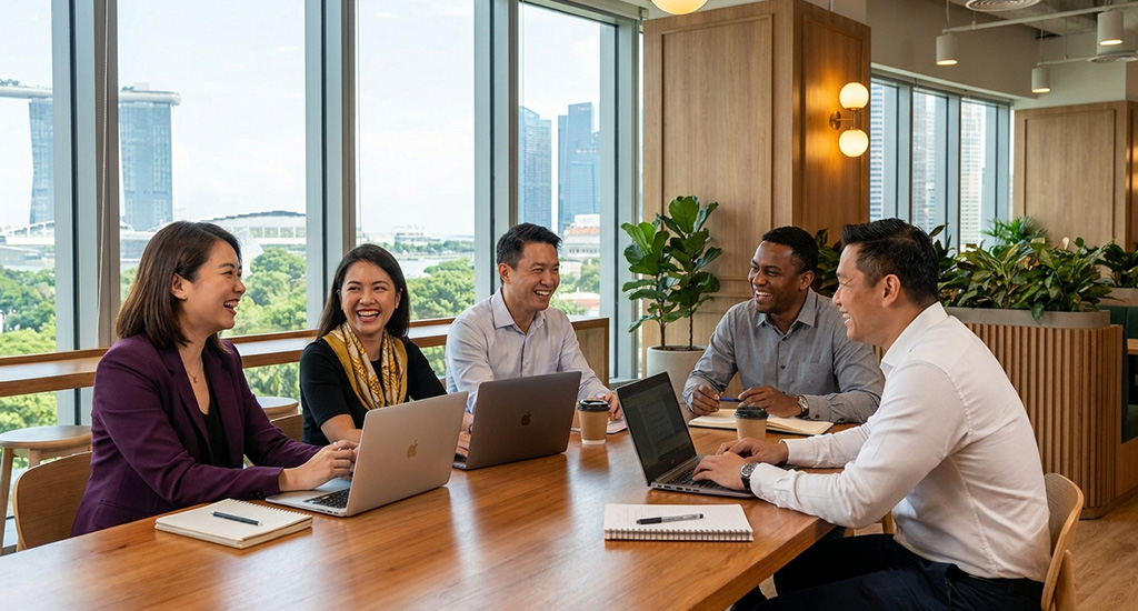 Diverse working professionals discussing MBA programme options in a Singapore CBD office