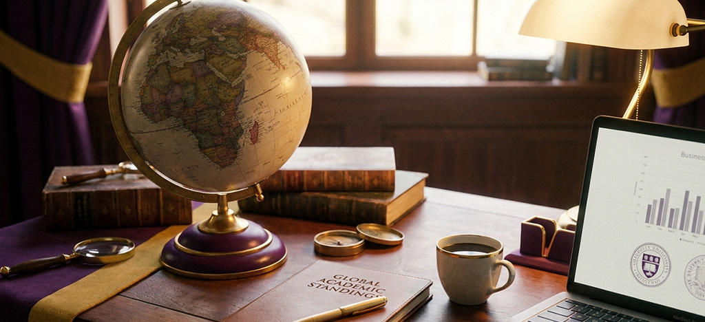 Globe and desk setup representing the University of Manchester's global academic rankings